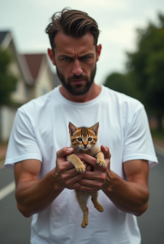 Ek man Jisne white T-shirt pahan rakhi hai vah angry hokar Kitten ko Utha raha hai aur walking kar raha hai behind seen Road