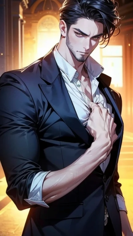 (best quality,4k,8k,highres,masterpiece:1.2),ultra-detailed,(realistic,photorealistic,photo-realistic:1.37),36 year old man,3 day beard,handsome anime,portraits,strong,masculine,dark hair,sharp jawline,mesmerizing eyes,perfectly styled hair,cool anime outf...