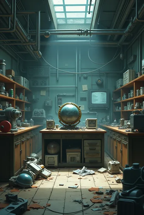 Make a background for 2d animation a lab where peaces of machine and garbage on floor and a time machine on a table