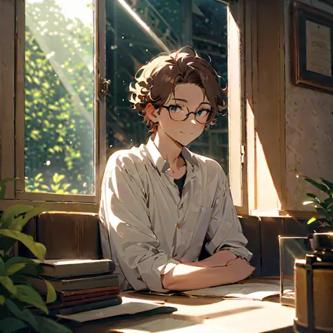   Ultra-fine,masterpiece, Awards,  top quality  ,1 person,  handsome boy,Brown Hair,23 years old,Glasses,Introvert,Reflected Light,sunlight,   Coffee,books, short hair, Curl perm,fountain outside the window,   gentle smile,