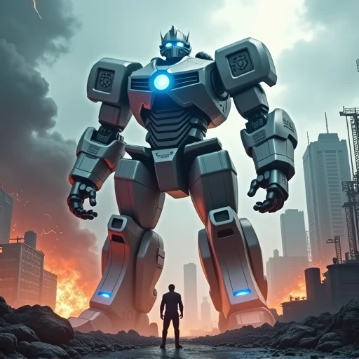 A colossal robot with glowing blue energy cores, standing tall against a raging Godzilla-like monster, amidst a burning cityscape under a stormy sky, ready for an epic battle.