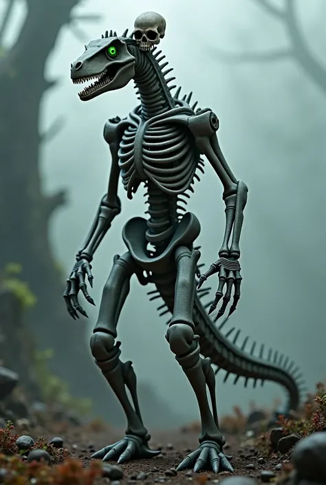 Create a humanoid with a dinosaur head but your entire body must be a skull put on a dinosaur tail and a skull also make it a little stronger and put on a shield and sword 