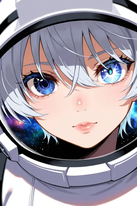 (Close-up of a better masterpiece:1.5)0.9], (Space and astronauts:1.2) (Messy silver hair:1.1) (Heterochromia xanthochromia and blue eyes:1.2) (Space Helmet:1.0) (Colored stars in the eyes:1.0) (A radiant glow:1.1) (thick lips:0.9)