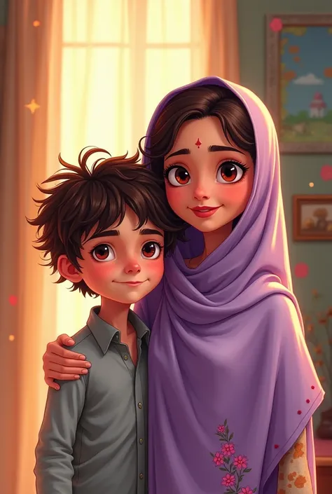 boy brown hairs with red eyes, with his muslim mother. mother should be in light purple dupatta. cartoonist image