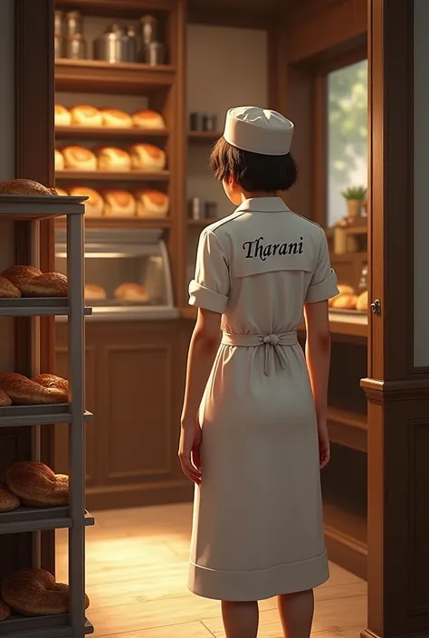 A baker in to the bakery the baker wearing white THARANi name is written on the baker dress