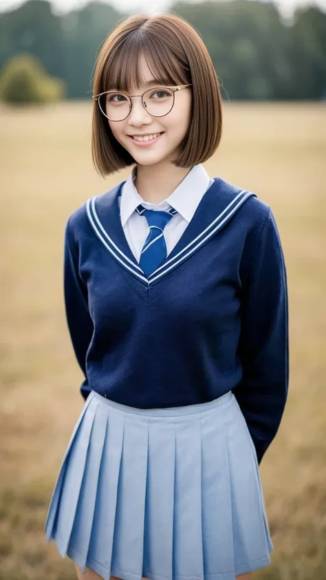 ( top quality :1.5), ( real:1.4), ( Ultra Fine:1.4), (1girl), (18-years-old girl), (normal body), (normal size breasts), ( school uniform), (normal height), (bangs), ( bob cut), (Glasses), (smile), (girl with glasses is standing front the plain background)...