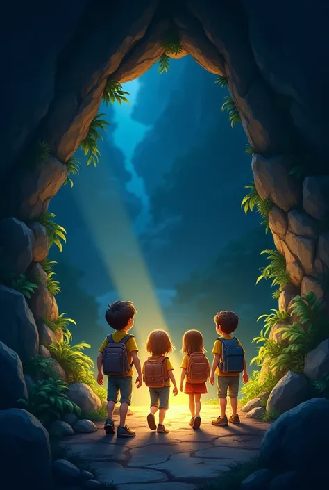  3 boys, 2 girls and a boy entering a cave illuminating the entrance with flashlights
