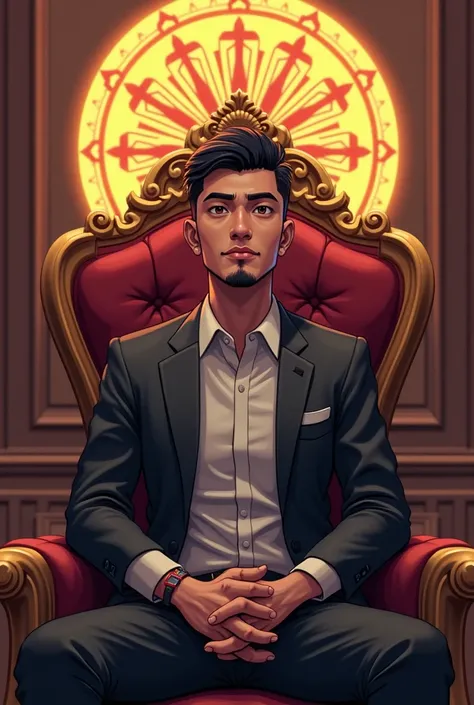 A man anime who looks like filipino with beard on the part of nose hes 22 sitting on a throne and Makmak logo in the back