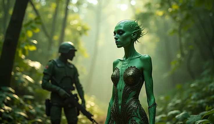 Create a HD image in which there is a Alien woman of pale green color wearing full iron dress and there is also a human soldier man standing behind her and they are standing in Amazon forest 