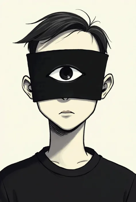 create a 2d drawing of a man wearing a black color blindfold with a drawing of one eye on the blindfold in the center of the blindfold