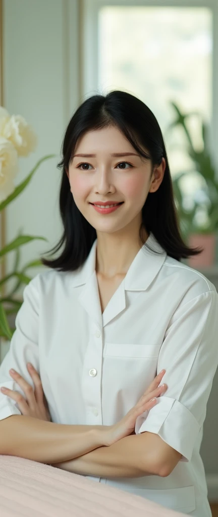 ((beauty clinic)),White,50-year-old women, top quality ,beauty clinic,natureな白い肌,perfect face,8k,(( one woman)),beauty uniform, real, middle hair,nature,therapist, black hair