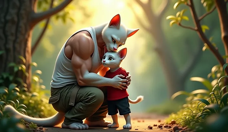 The white muscular cat, wearing a white tank top and rugged cargo pants kneels down to cradle The baby cat, dressed in a red t-shirt and black shorts, in his arms both of them bruised but safe. The baby clings tightly to his father, tears in his eyes. The ...