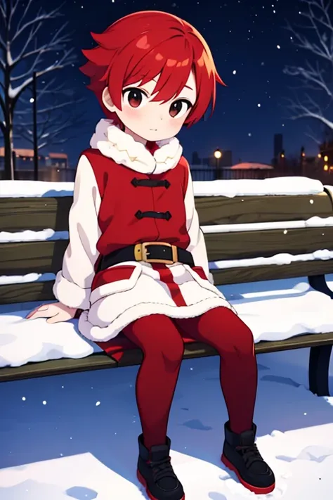  top quality, a boy, Christmas costume (red and white), red hair, black eyes,small height, In a park , sitting on a bench ,snow,Evening 