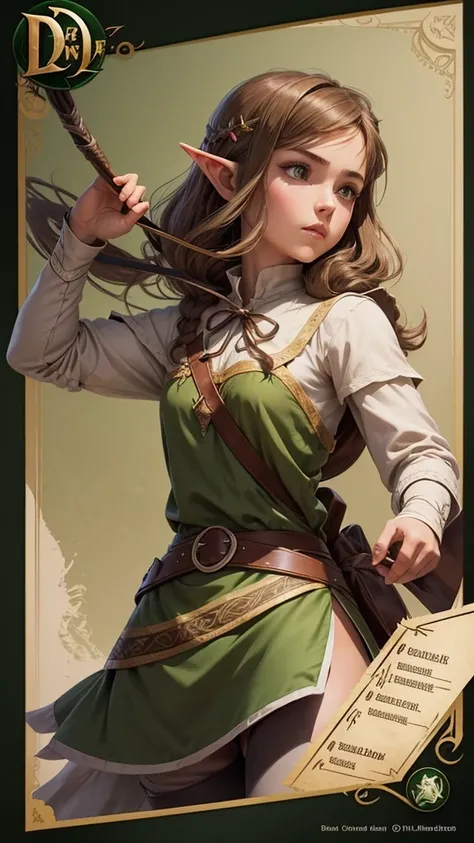 D&d graphic and detailed character sheet with stats and in the center of the sheet anime style with sharp pen ink traits and contour of character in the center of a young girl elf holding a bow with light brown hair and brown and green outfit, holding a bo...