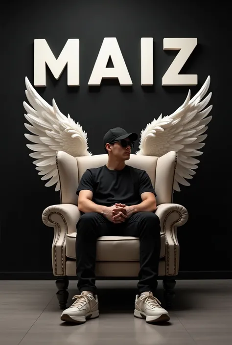 create a 3D illusion for a  profile picture a boy black t-shirt  sites casually on a wing back chair  wearing sneakers a black cricket cap and sunglasses he looks ahead the background features "MAIZ"  had big and capital white font on a black back wall. si...