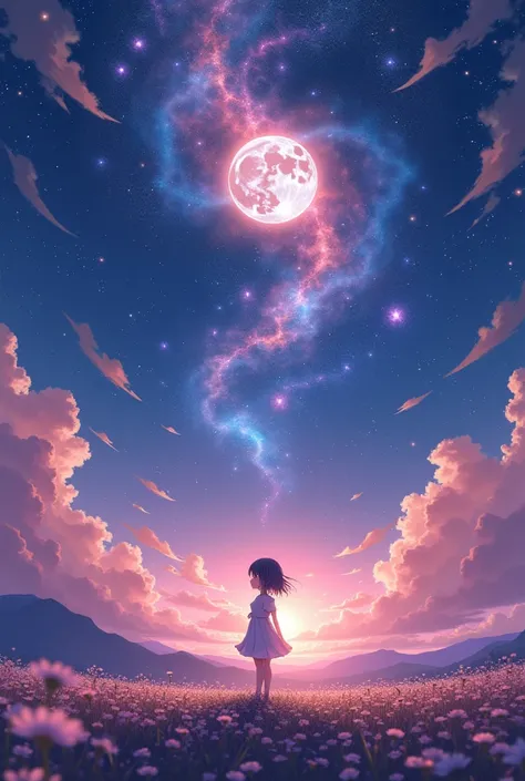 Makoto Shinkai,  Expansive Landscape Photos  , (  looking up at it from below 。Sky above 、I can see a field below ),  girl standing in a field of flowers and looking up, ( full moon:1.2), (  Anime girl standing on a roof snuggling up to individual shooting...