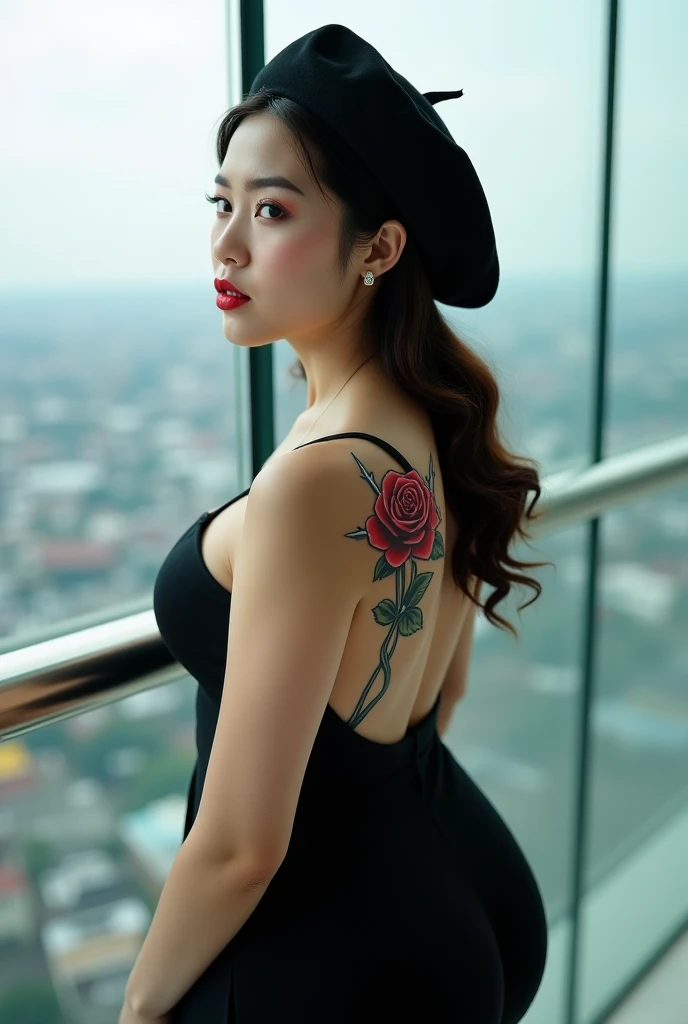 a young Indonesian woman with a  fat big boobs and plump mouth skin slim waist standing on a glass building wearing a black zenglet is behind her back tattoo of a red rose flower in writing a spiked rose wearing a beret hat sideways body face facing the fr...