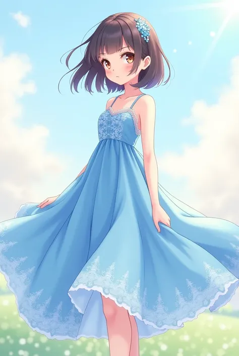 a cute girl wear a long blue dress draw anime style for wallpaper