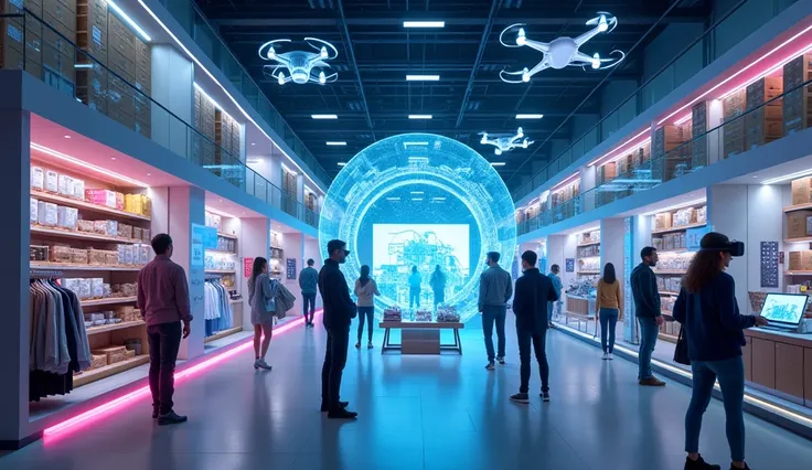 A futuristic scene depicting the future of online business and e-commerce. The image shows a high-tech, dynamic virtual shopping environment where customers interact with advanced AI-powered interfaces. The environment includes holographic product displays...