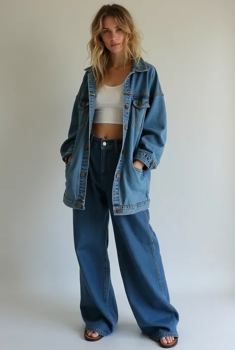 baggy clothes can look super cool and stylish on girls!  - oversized denim jacket paired with high-waisted loose-fitting pants and a simple crop top. Its a comfy yet fashionable look that I think would look fantastic on girls! 😊👖👚