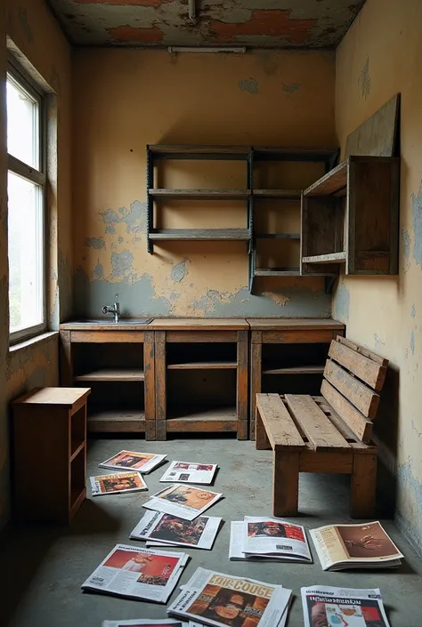  A small kitnet with improvised furniture made of wooden pallets and rusty steel shelves.  The walls are light brown with peeling parts , dirt and mildew marks .  On the industrial cement floor ,  old magazines on various subjects are scattered .  Dim natu...