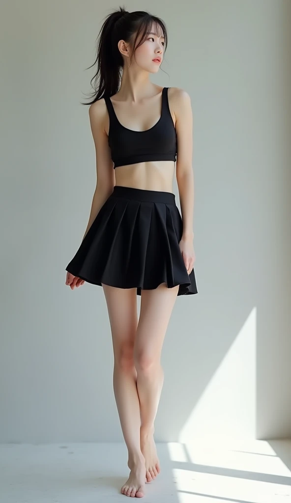 
 a very beautiful Korean woman who is tall and slim, Her legs are extremely thin and long, Her skin is extremely white and beautiful, standing picture , Ultra Miniskirt , black pleated skirt, sports bra,
 slouching position,I can see my bust from my chest...