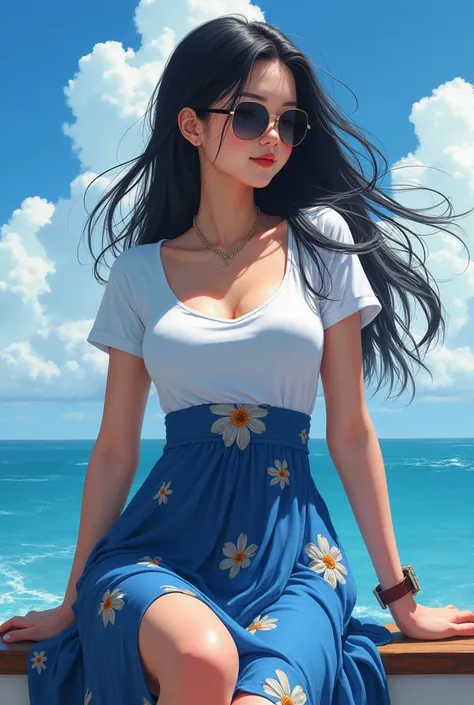 (photorealism:1.2), beautiful 30yo japaneese woman(nice curvy body big breast), long black hair blowing by the wind, wearing tight white ck t-shirts and blue long dress flowers motif, sunglasses, i watch, sits on the top of sea boats, relaxed pose, realist...