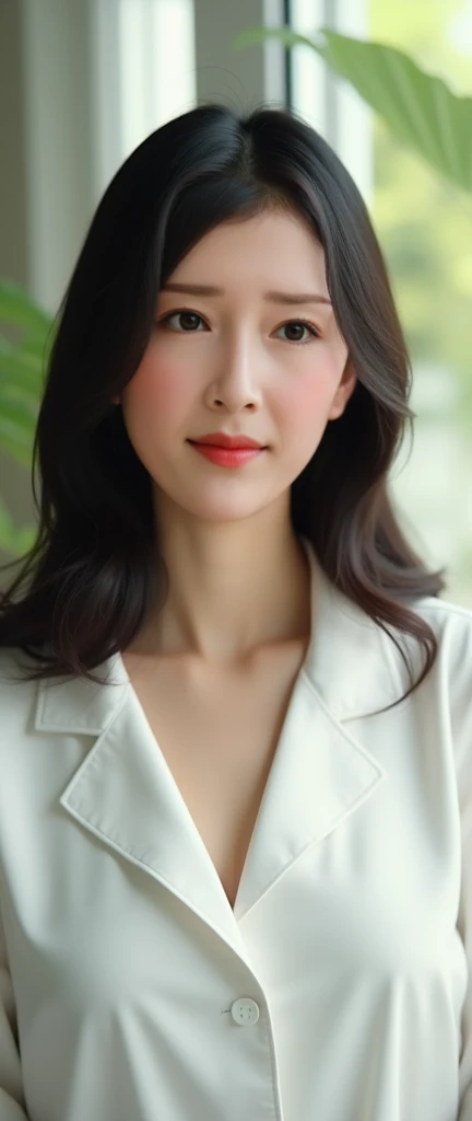 ((beauty clinic)),White,50-year-old women, top quality ,beauty clinic,natureな白い肌,perfect face,8k,(( one woman)),beauty uniform, real, middle hair,nature,therapist, black hair