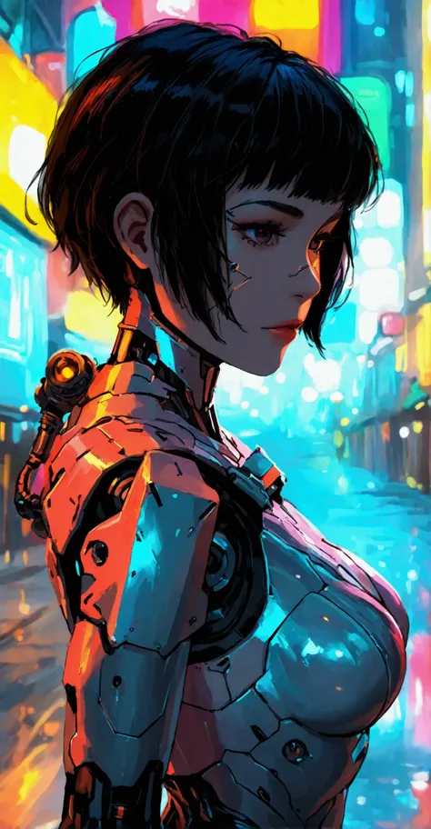 girl,robot,black hair,short hair,fron,fullbody shot, long leg,black boot,high heel,metal body, big hip,cyberpunk