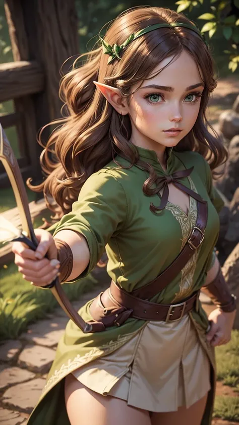 D&d full character in the center American comics style with sharp pen ink traits and contour of character in the center of a young girl elf holding a bow with light brown hair and brown and green outfit, holding a bow