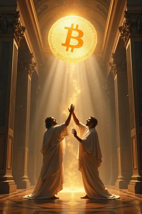 I want you to draw man and God touching each others hands like in that famous painting on the ceiling of a church but right in the center where they make contact is the bitcoin coin