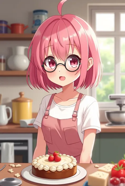 Anime girl with pink hair and pink lips in round glasses is standing in the kitchen and making a cake