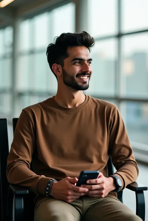 A Pakistani young man whose nationality is 28 years old. The young man is sitting on a chair at a station. The young man looks ahead and smiles. In the background, there is a view of the station.  The sight of wearing it is very beautifulThe young man is w...