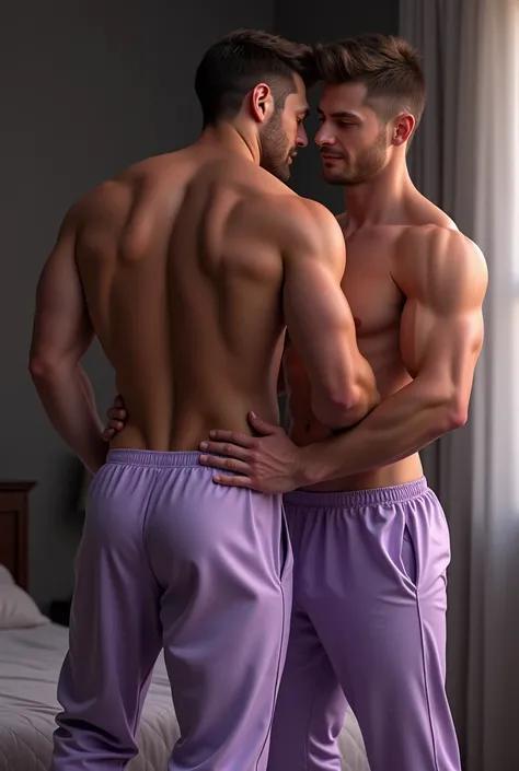 Create an image of a Handsome Men Big butt  and Bulging in light purplue pajama sweatpants and his boyfriend grabb the butt of the men