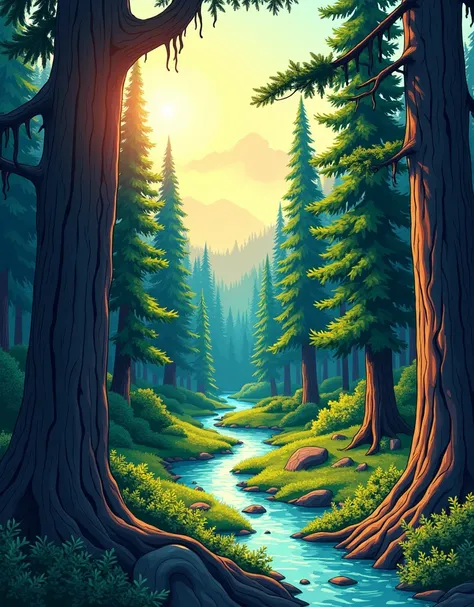  Comic-style image. A beautiful image of the Canadian forests 