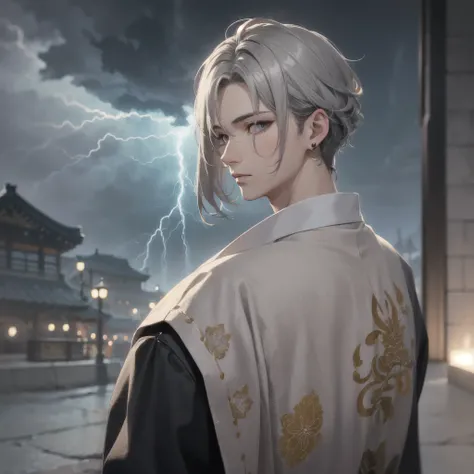 Masterpiece, high quality, beautiful eye, beautiful lip, short grey hair, man in his 20s, beautiful background, ring on top of the head, shine from the back, huge thunderstorm at the back, grey colored korean traditional cloth