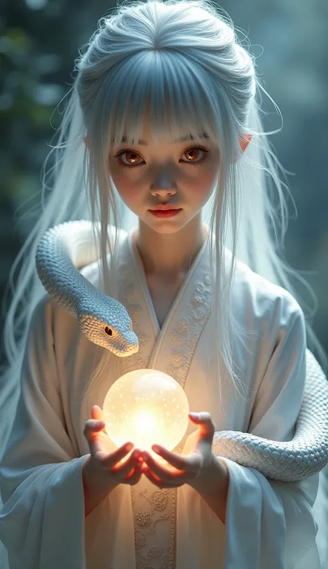 Beauty  cute　 Japanese　Silver　 is wearing a kimono the long hair is lowered　bangs　front　 the white snake is on her sholder The eyes of the white snake are red 、Hold a crystal ball on your hand、神々しい