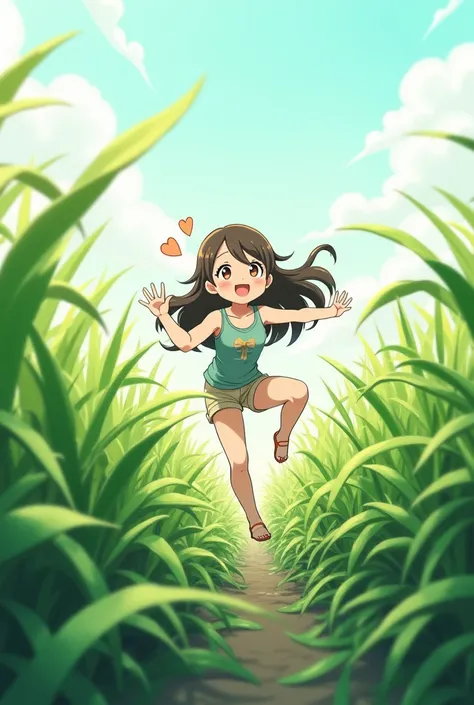 An anime-style scene with a cute girl surrounded by lush green weeds that are growing towards the sky. The weeds are vibrant and full of life, symbolizing strength and resilience. The girl is smiling, with long flowing hair, wearing casual, nature-inspired...