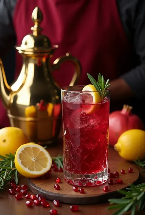 Set up a photographic composition about the profession of a bartender, give it a luxurious look. The main colors of the picture are gold and pig blood red, with a hand of ruby matini, lemon, rosemary leaves and pomegranate as elements in the picture, and t...