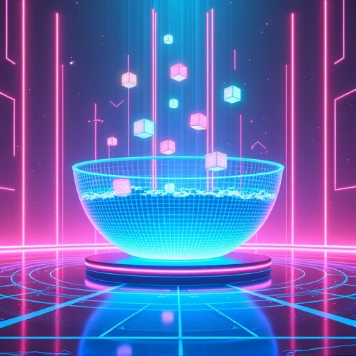 A high-tech arena with a giant transparent bowl, illA vibrant, sci-fi-inspired cylindrical bowl, glowing with hues of blue and purple, as multicolored cubes fall into it, guided by holographic arrows and grids.uminated by pulsating neon patterns, as player...