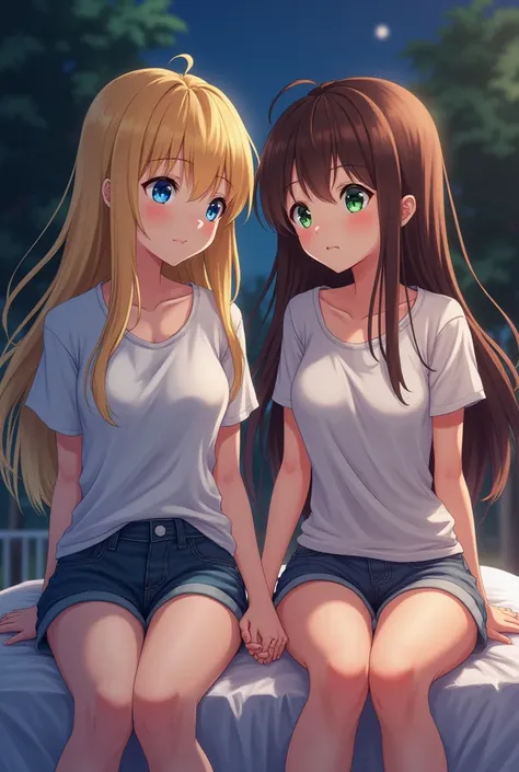 Two sisters, anime, students, They are 18-19 years old, are sitting on the bed, holding hands, one blonde with blue eyes, and the other with brown hair and green eyes. Big breasts, looking at you in embarrassment, They look at you in loveThey look at you i...