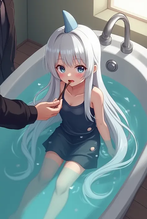  creates a 2D anime-style girl  , long white hair ,  sitting in a bathtub with water wearing dark clothes , Old and with certain holes  , with a sharks fin on its head and being fed by a man in a black shirt and tie , with a bathing background