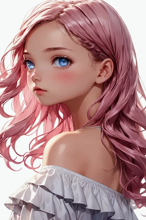 Young girl with delicate features, thin but cute face, light white skin with a slight blush, glowing light blue eyes, long, slightly wavy brown hair with pink locks of hair, wearing a light pink long sleeve off-shoulder crop and white ruffled booty shorts,...