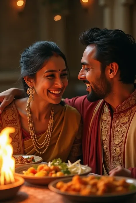 A very clear ultra HD dynamic image of    "The prince and Rani laughing together over a shared meal, their bond growing. Rani’s bright eyes reflect trust and joy, while the prince’s smile is genuine and content."