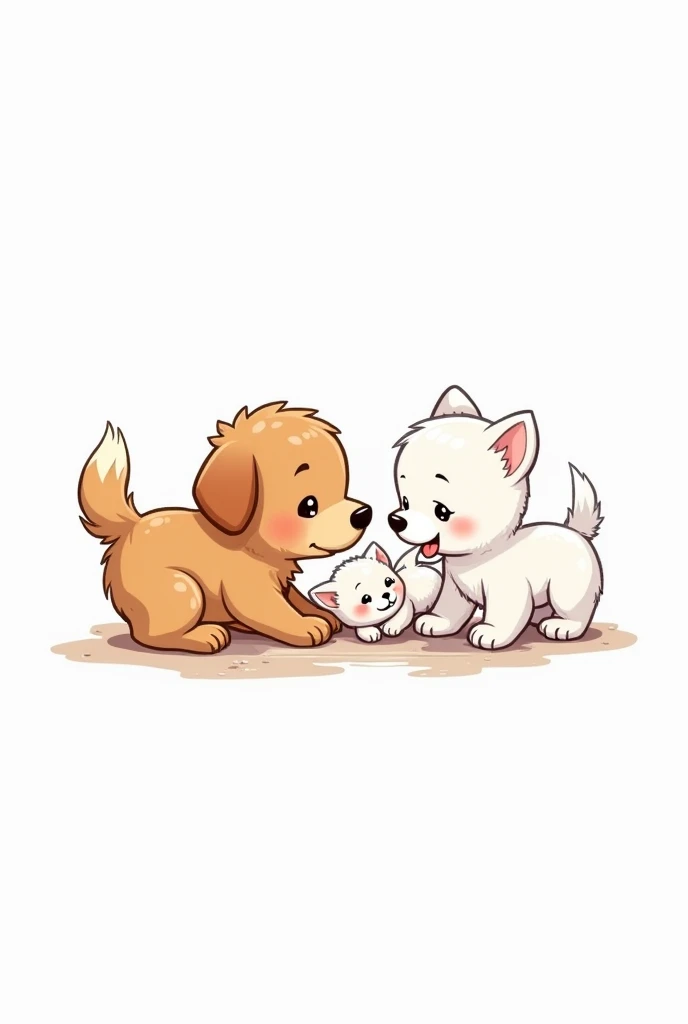 Generate an image with a colored illustration of a dog playing with a kitten [action (e.g. gently nudging it)] on the left side, and the same illustration in a black-and-white outline on the right side. Include soft fur texture, playful expressions, and a ...