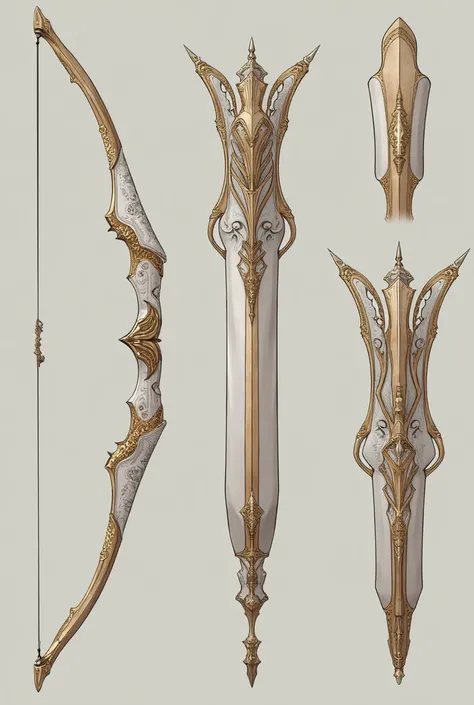 Complete image of a pair of Intricate battle bow and matching quiver, made of light coloured wood also includes a little metal for strength, decorated with gold lining, image shows multiple views from different angles of same bow and quiver