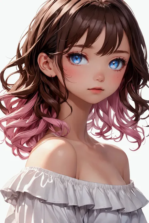 Young girl with delicate features, thin but cute face, light white skin with a slight blush, glowing light blue eyes, long, slightly wavy chocolate brown hair with pink dyed highlights, wearing a light pink long sleeve off-shoulder crop and white ruffled b...