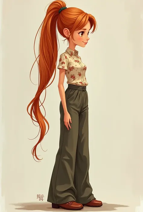 You can create for me a lively, bitter, tall and very skinny but very skinny girl who has long hair tied up in a medium reddish blonde color.,  her clothing is a long wide lead pants and a floral blouse , May her smile be with her mouth closed and believed...