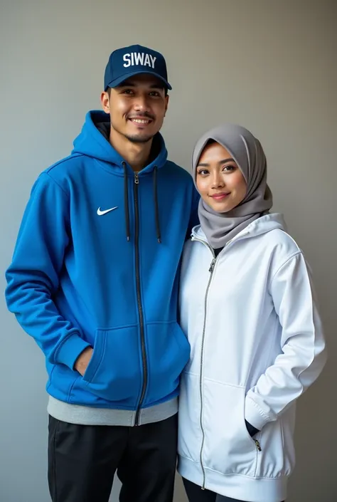  Indonesian man 25 years old wearing basketball cap  (written name Siway )  wear blue Hoodie jacket  (nike)  and beautiful woman in Indonesian hijab wear white Hoodie jacket on 3d wall background facing front UHD HD 