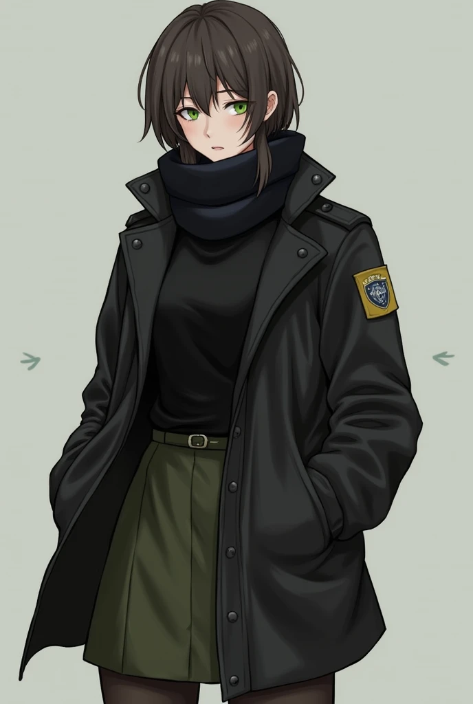 French women have green eyes
 ・Outerwear： Tactical Coat （カーキや black）
	• Inner ： Fleece Long Sleeve Shirt （ black）
	• Skirt： Military Skirt （ Khaki or Dark Green ）
	 • Boots ： Dark Green Tactical Boots
 • mufflers： Dark Colored Warm Scarf （ blackやグレー）